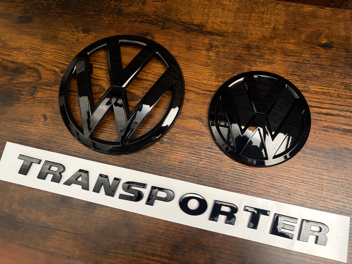 VW Transporter T6 T6.1 Gloss Black Badge Set – Front & Rear + Transporter Text