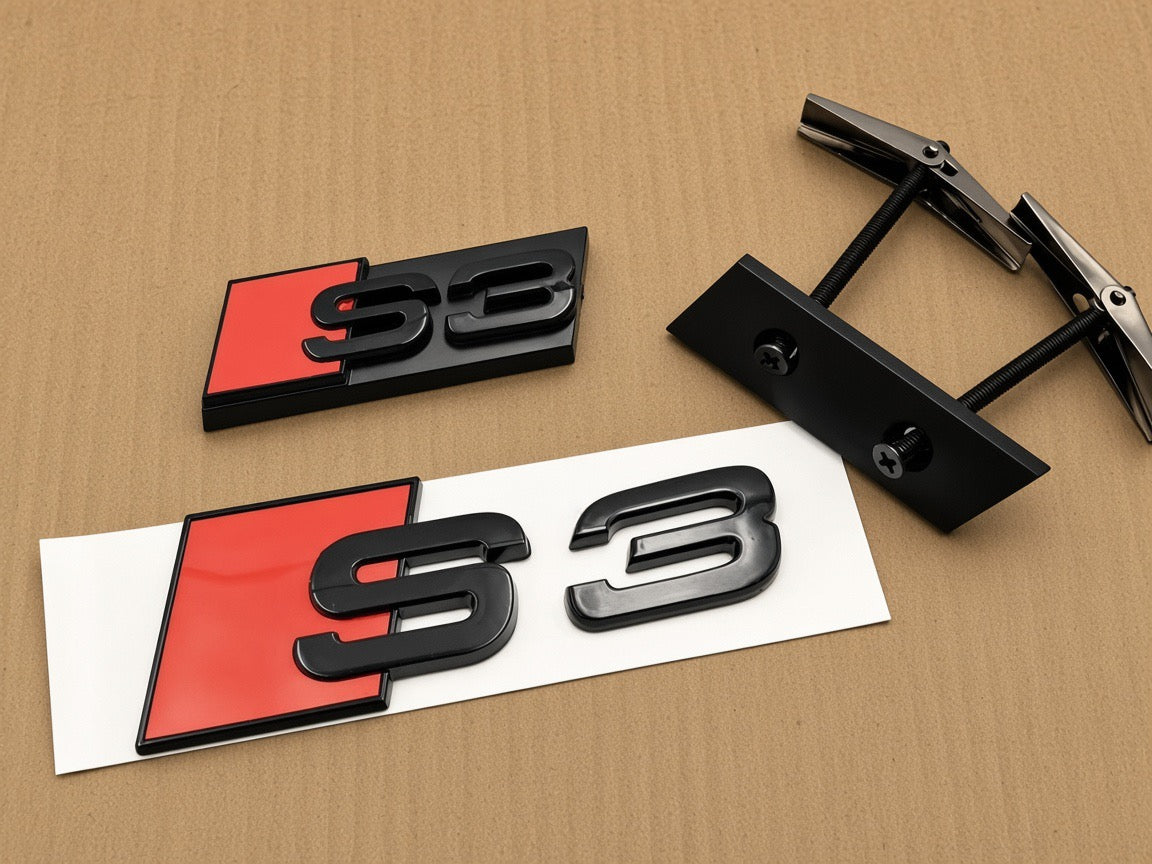 Audi S3 Gloss Black & Red Front Honeycomb Grille & Rear Badge Set (Fits 8P & 8V)