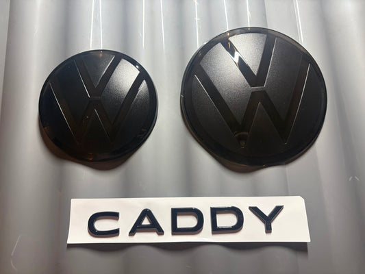 VW Caddy MK5 Smoked Badge Covers & Rear “CADDY” Text Badge Set – Gloss Black OEM Style Emblems