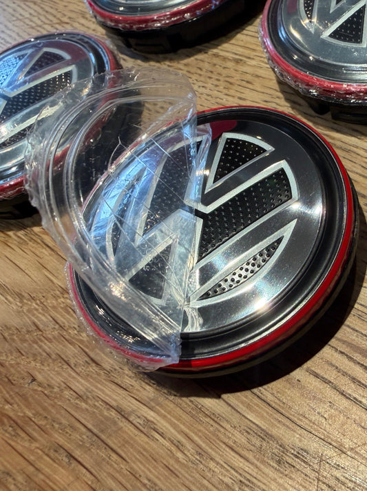 56mm VW Polo Wheel Centre Caps Red Outer Ring Set of 4 – Alloy Wheel Hub Caps
