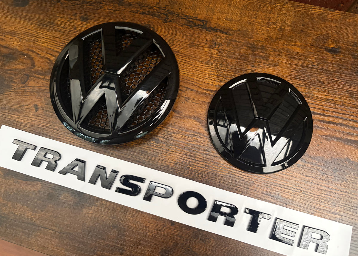 VW Transporter T5 T5.1 Gloss Black Badges Front Rear & Transporter Text Set NEW