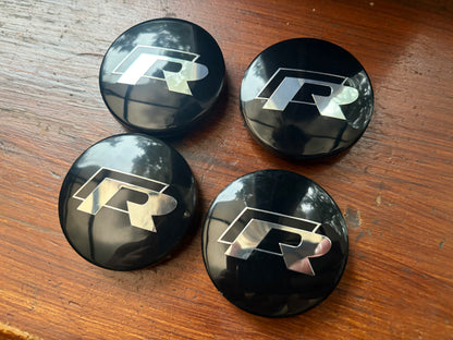 65mm Golf R Wheel Centre Caps Black Silver R Logo Scirocco R MK7 MK7.5 Set 4