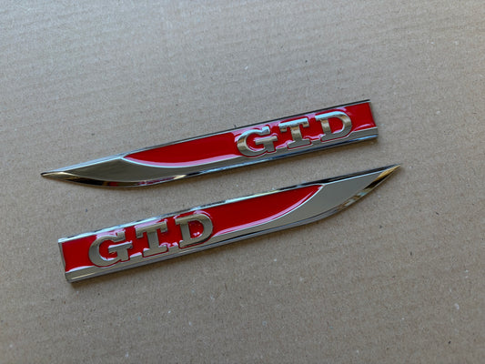 VW Golf MK7 MK7.5 GTD Red & Chrome Wing Badge Set x2 | Side Fender Emblems