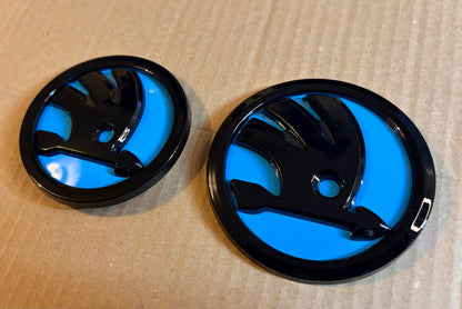 Skoda Front & Rear Badge Set 80mm 90mm Gloss Black & Blue Emblems