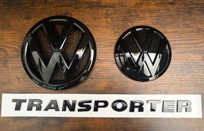 VW Transporter T5 T5.1 Gloss Black Badges Front Rear & Transporter Text Set NEW