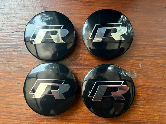 65mm Golf R Wheel Centre Caps Black Silver R Logo Scirocco R MK7 MK7.5 Set 4