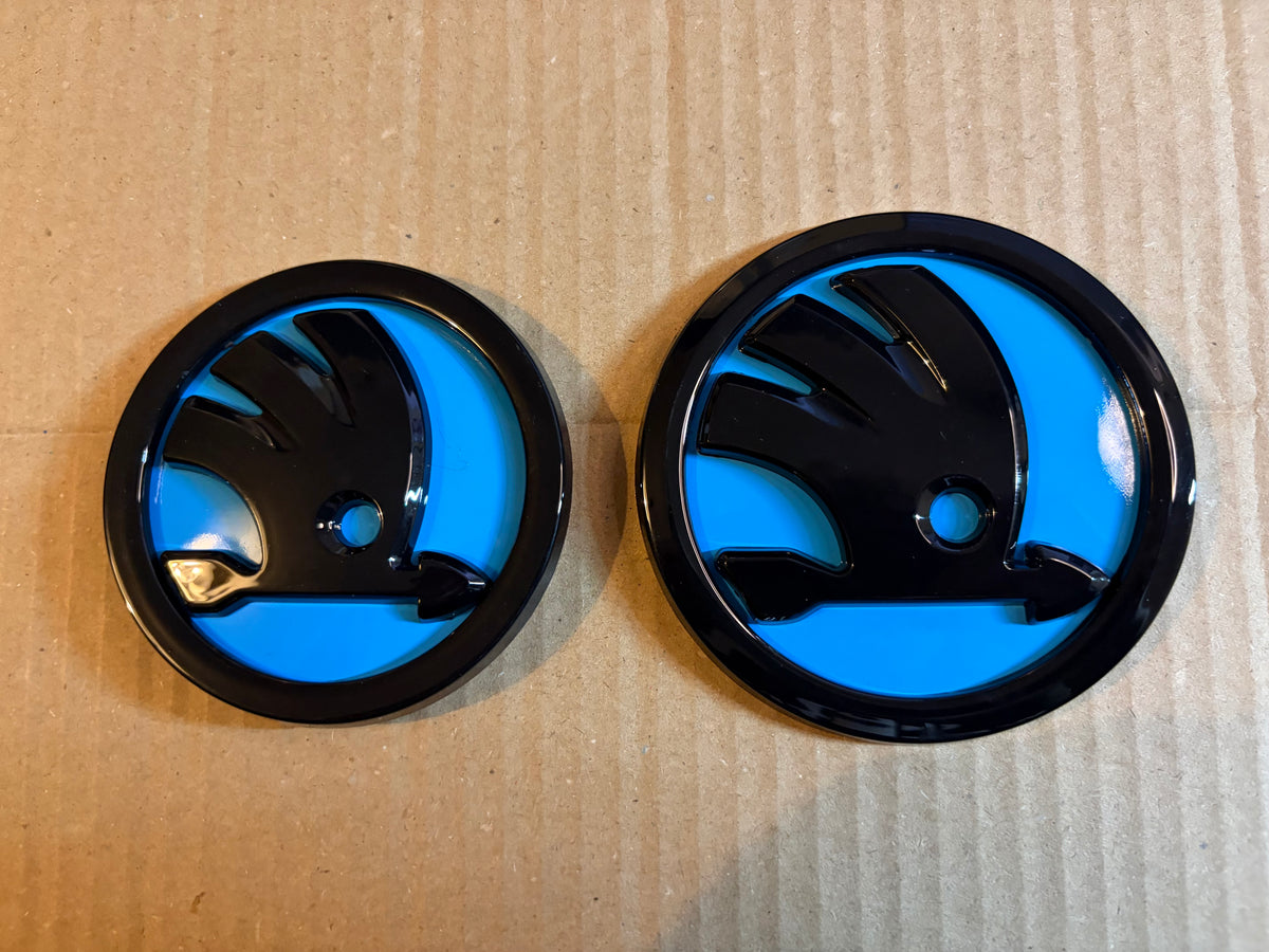 Skoda Front & Rear Badge Set 80mm 90mm Gloss Black & Blue Emblems