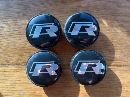 65mm Golf R Wheel Centre Caps Black Silver R Logo Scirocco R MK7 MK7.5 Set 4
