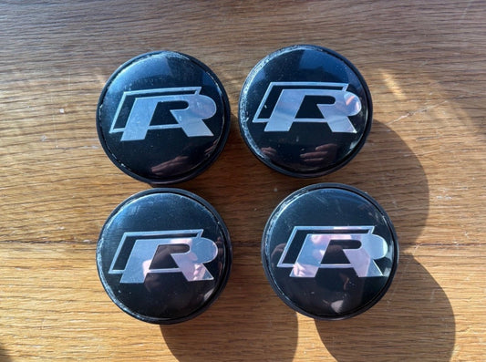 65mm Golf R Wheel Centre Caps Black Silver R Logo Scirocco R MK7 MK7.5 Set 4