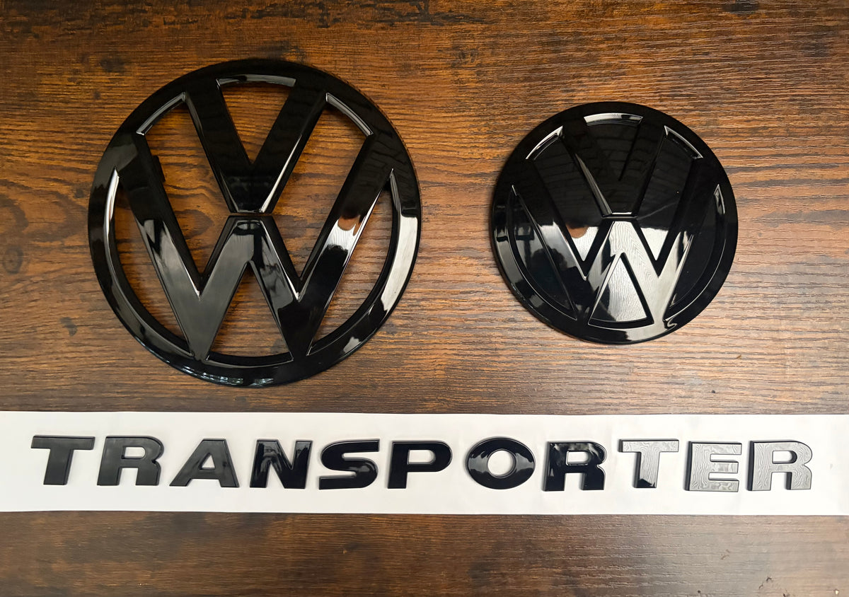 VW Transporter T6 T6.1 Gloss Black Badge Set – Front & Rear + Transporter Text