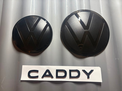 VW Caddy MK5 Smoked Badge Covers & Rear “CADDY” Text Badge Set – Gloss Black OEM Style Emblems