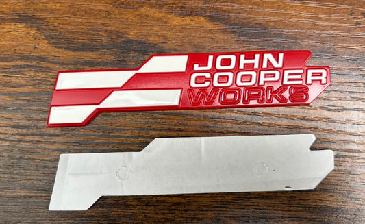New MINI JCW F66 Rear Badge – White & Red – Latest Style