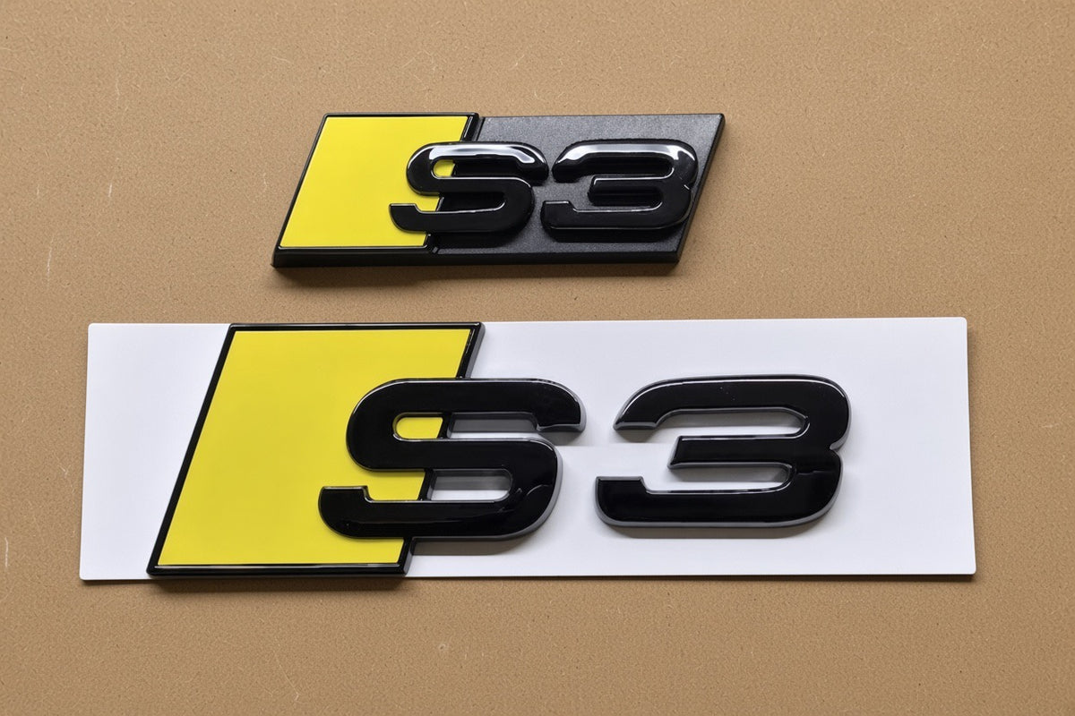 Audi S3 8P 8V Gloss Black / Yellow Front Honeycomb Grille Badge And Rear Badge New