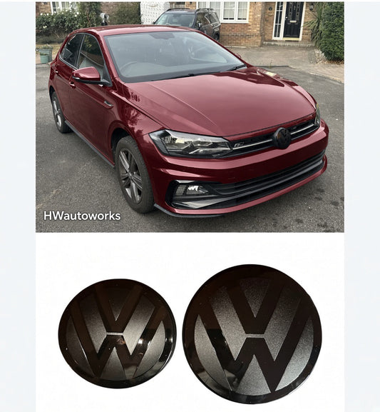 VW Polo MK6 (2017–2021) Smoked & Gloss Black Badge Overlay Covers Front & Rear Emblem Styling Set