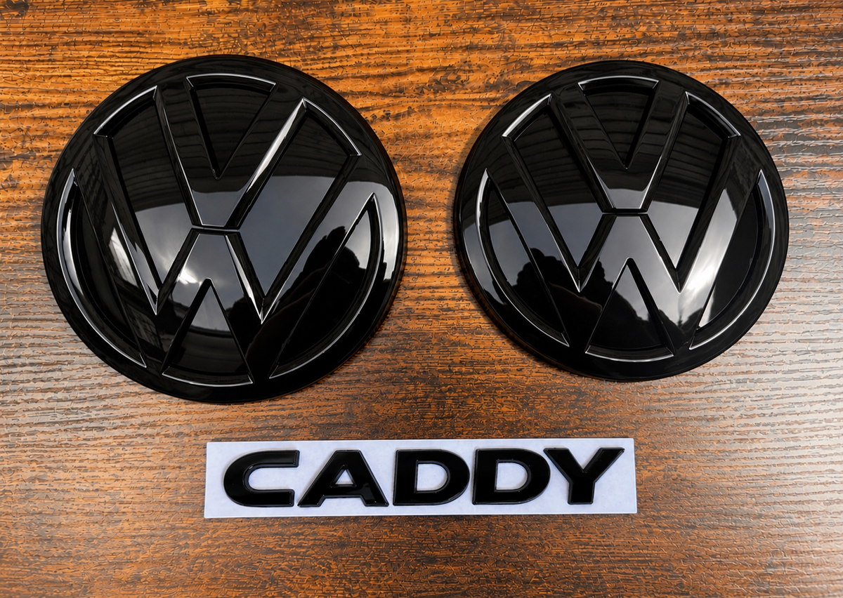 VW Caddy Mk4 Gloss Black Front & Rear Badge Set with Caddy Text (2015–2020)