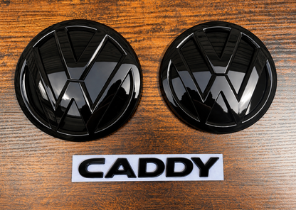 VW Caddy Mk4 Gloss Black Front & Rear Badge Set with Caddy Text (2015–2020)
